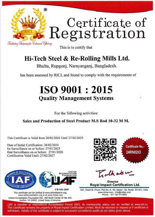 ISO 9001:2015 Certificate - Hi-Tech Steel