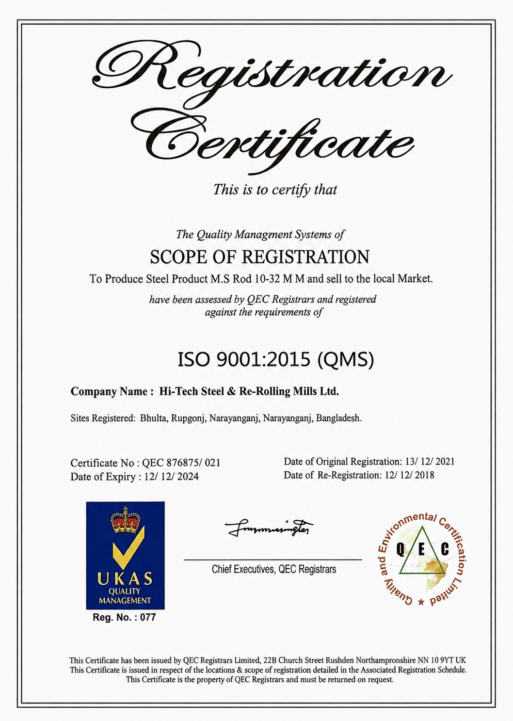 ISO 9001:2015 QMS Certificate - QEC Registrars